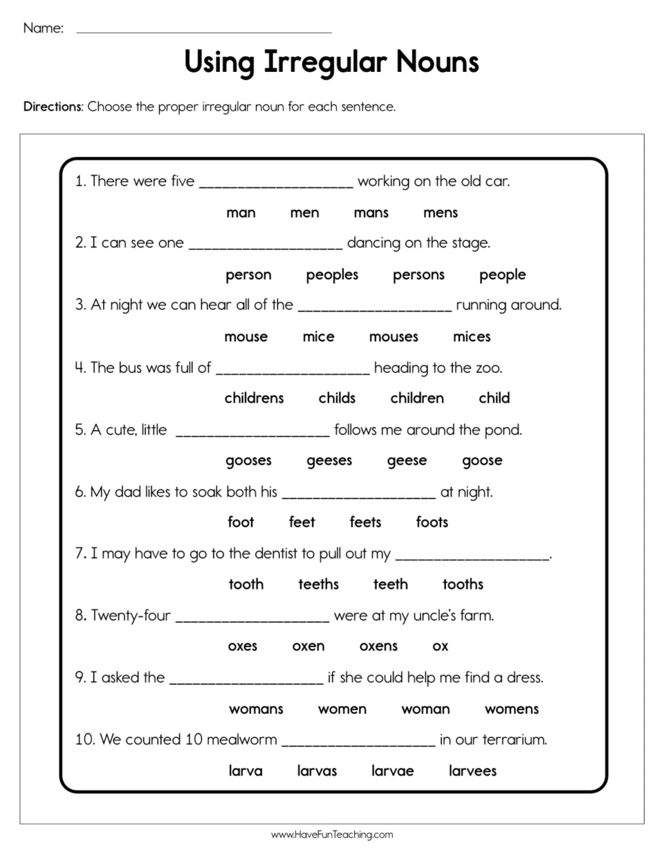 Irregular noun practice: 10 sentences with choices including man/men, mouse/mice, goose/geese, and ox/oxen