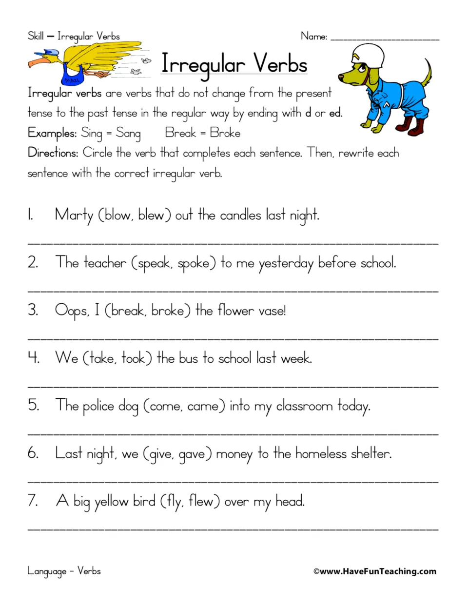 Irregular verbs: students circle the correct past-tense form in 7 sentences, like blow or blew, then rewrite each sentence