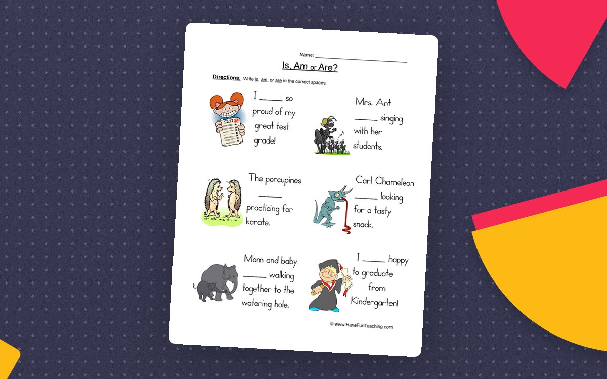 Using Is Am Are Worksheet preview: Illustrated incomplete sentences