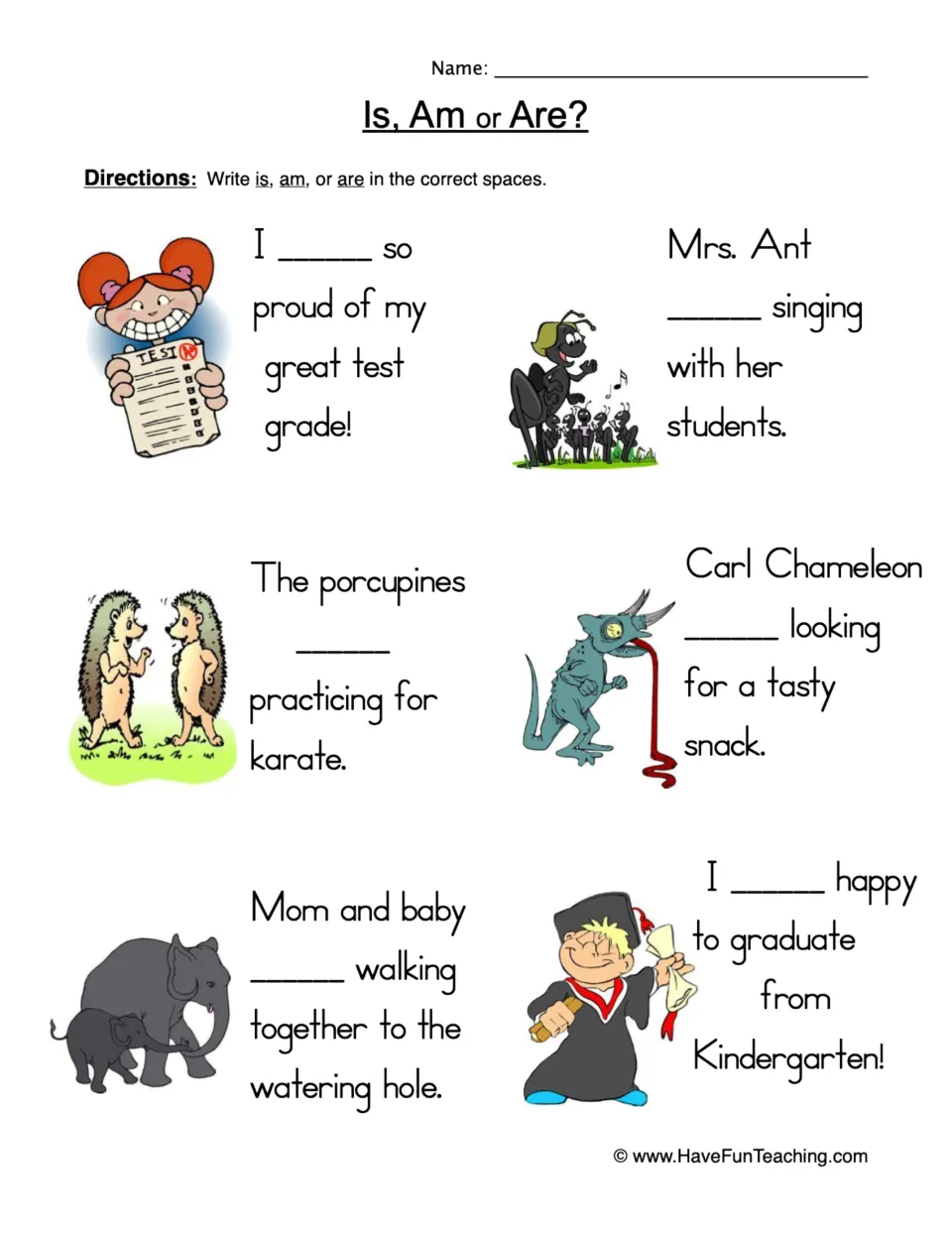Is, Am or Are?: students write is, am or are to complete 6 illustrated sentences, practicing subject-verb agreement