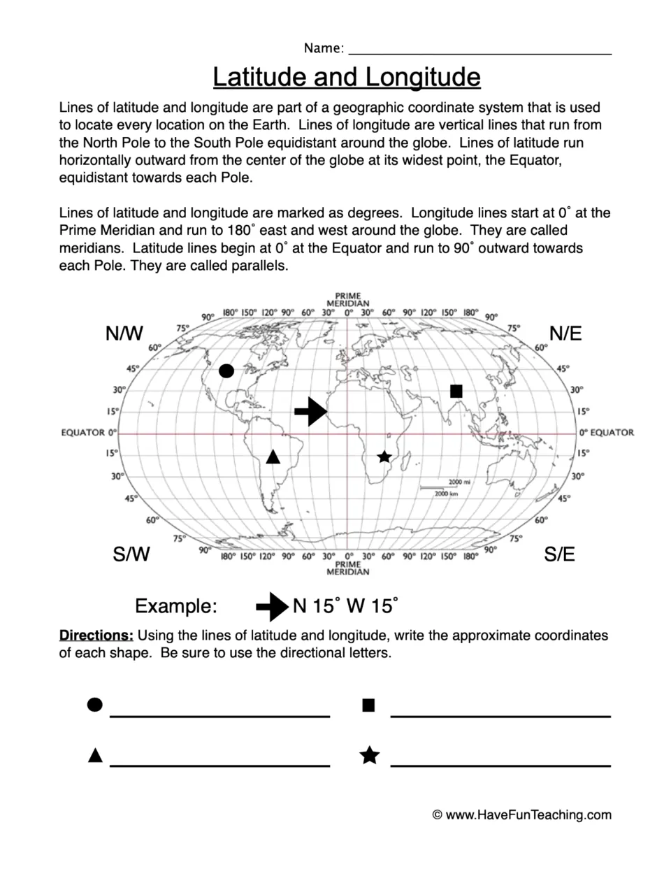 Latitude and longitude: after a reading on parallels and meridians, students write coordinates for 4 shapes on a world map