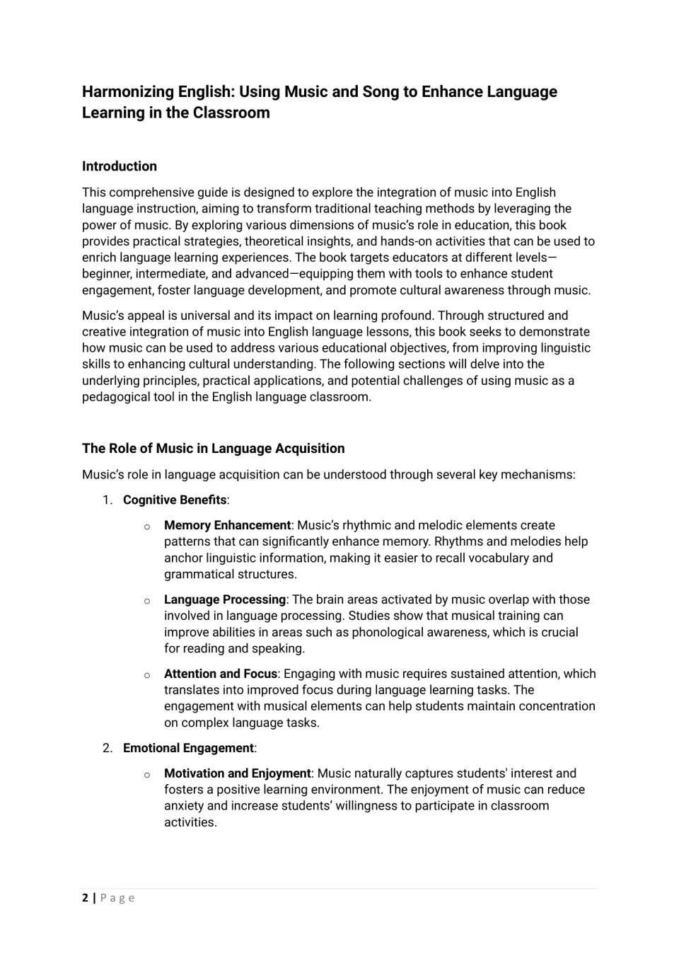 Teacher guide introduction explaining music's role in language acquisition, memory, focus, and motivation