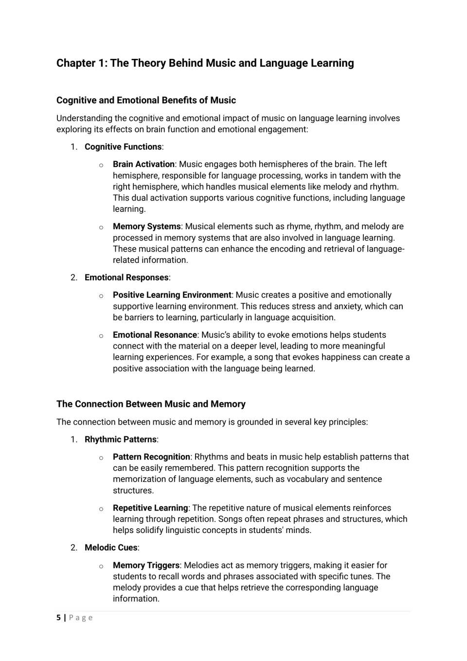 Chapter 1 opening: cognitive and emotional benefits of music, rhythmic patterns, and melodic memory cues