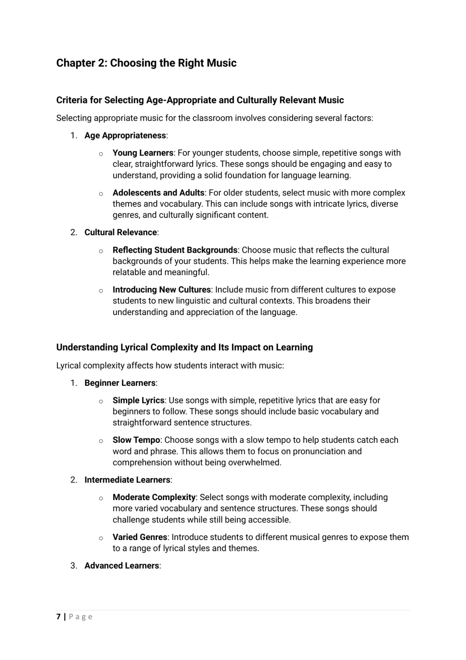 Chapter 2 opening: selecting music by age, cultural relevance, lyrical complexity, and learner proficiency