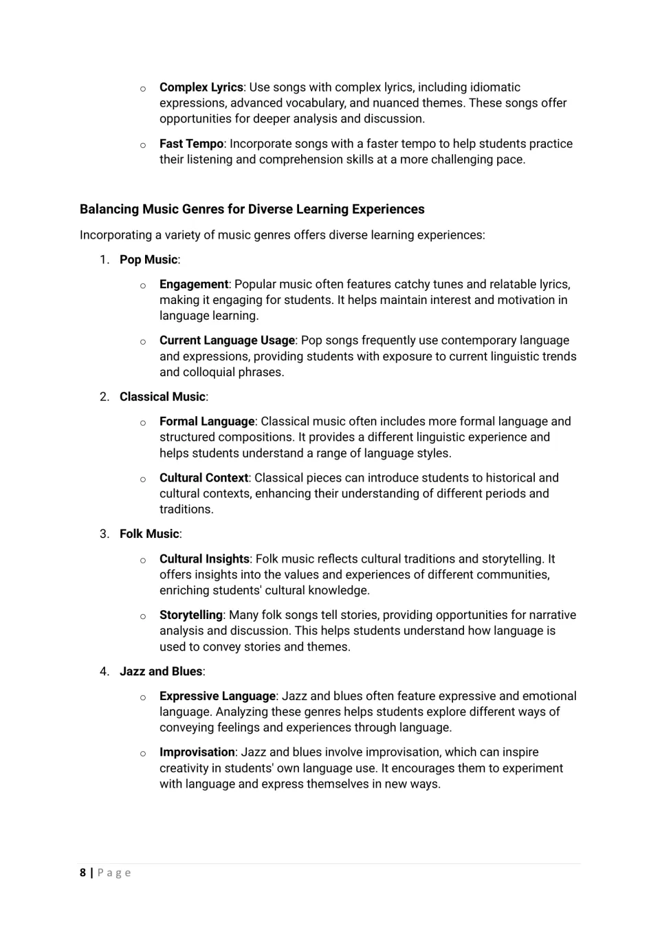 Chapter 2 continued: complex lyrics and faster tempos for advanced learners, plus pop, classical, folk, and jazz