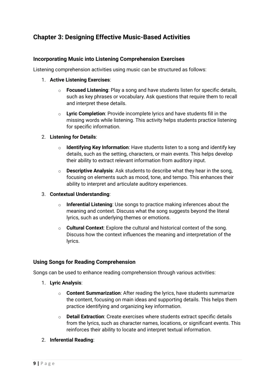 Chapter 3 opening: listening activities, lyric completion, contextual understanding, and reading comprehension