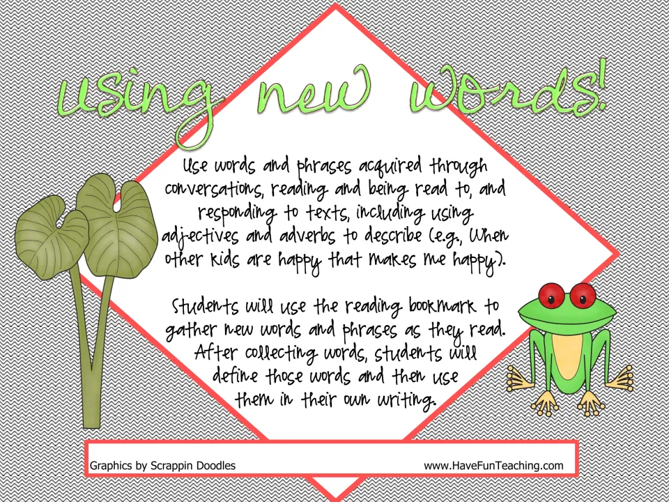 Using New Words! cover: vocabulary standard and steps to collect words on a bookmark, define them, then use them in writing