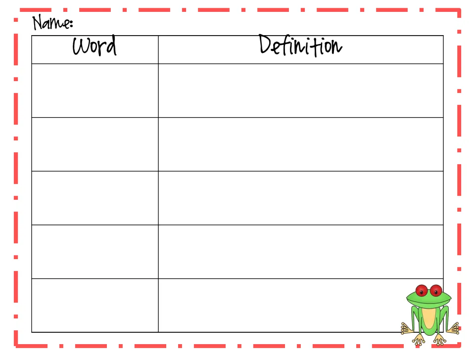 Word and definition chart: students copy five words from their bookmark and write what each word means