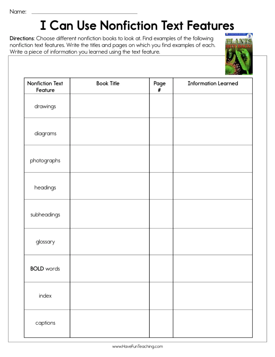 Nonfiction text features hunt: students find drawings, headings, glossary, index and more in books, noting title and page