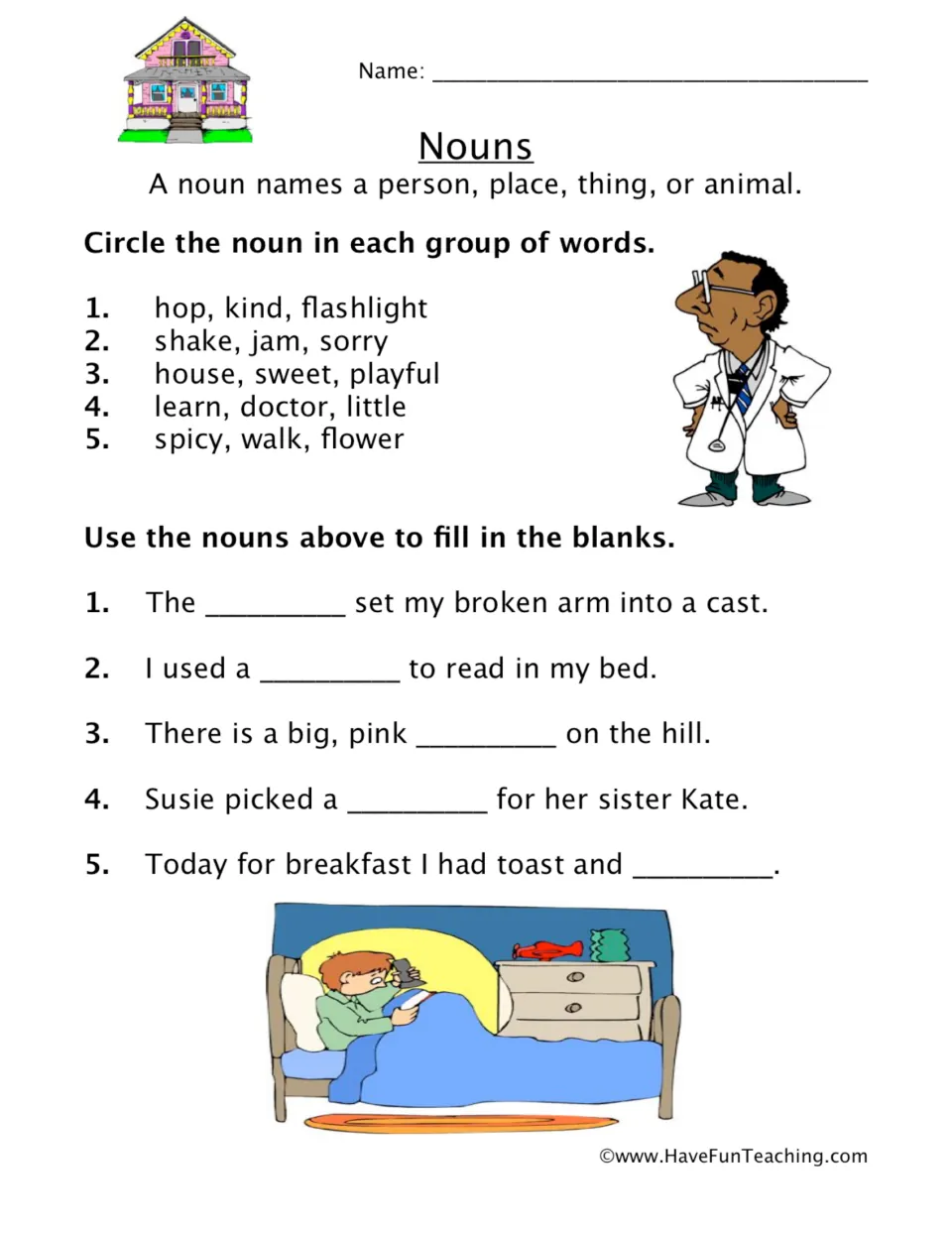 Noun practice: circle flashlight, jam, house, doctor, and flower, then use them to complete five sentences.