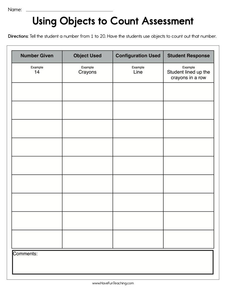 Using objects to count assessment worksheet by teach simple