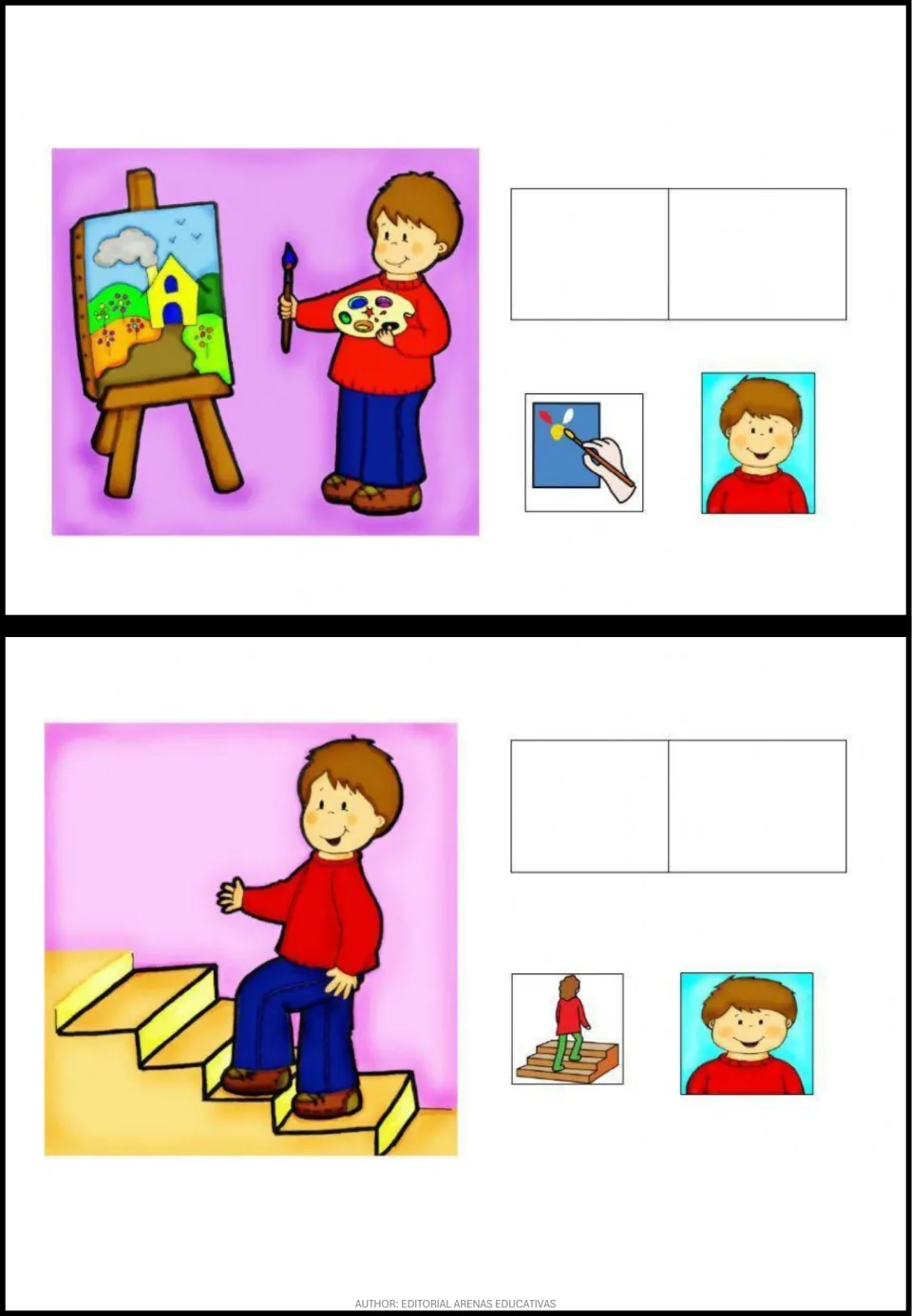 Pictogram exercises 1–2 show a boy painting and climbing stairs, paired with person and action symbols