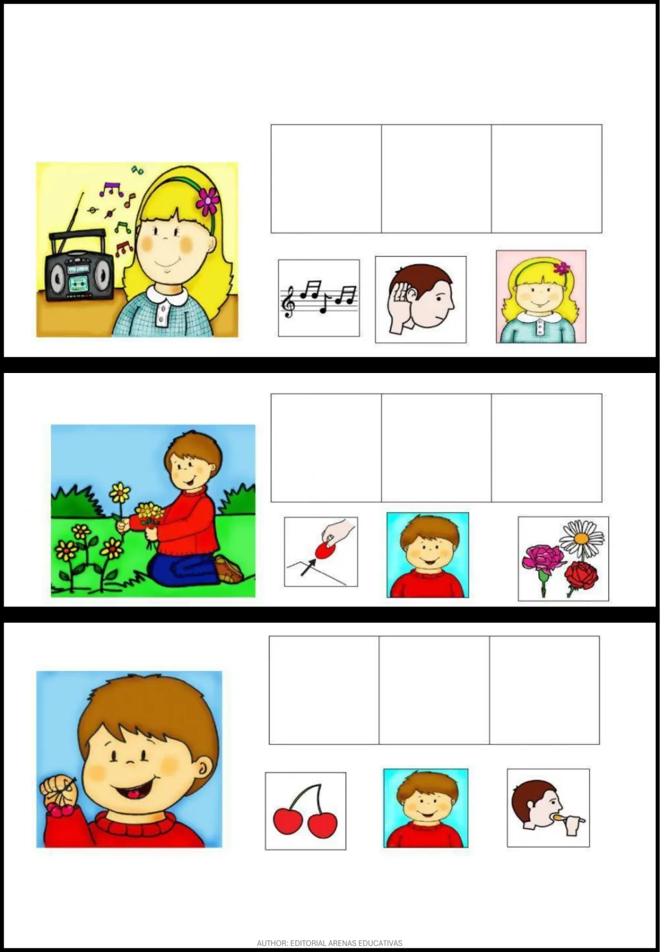Pictogram exercises 3–5 show a girl listening to music, a boy picking flowers, and a boy eating cherries