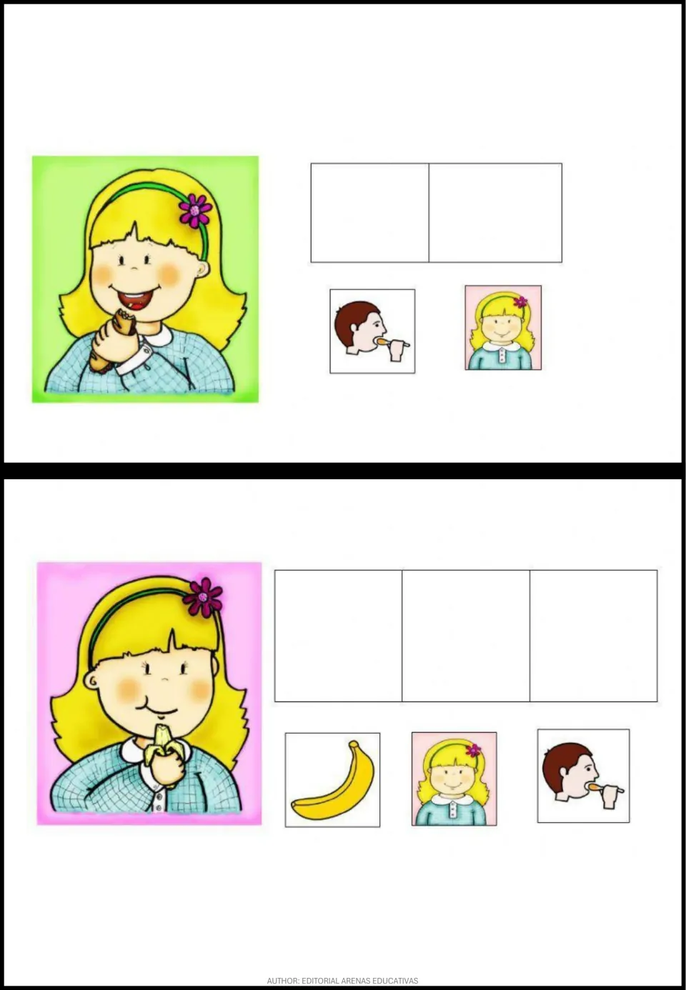 Pictogram exercises 6–7 show a girl eating and a girl eating a banana, paired with person and action symbols