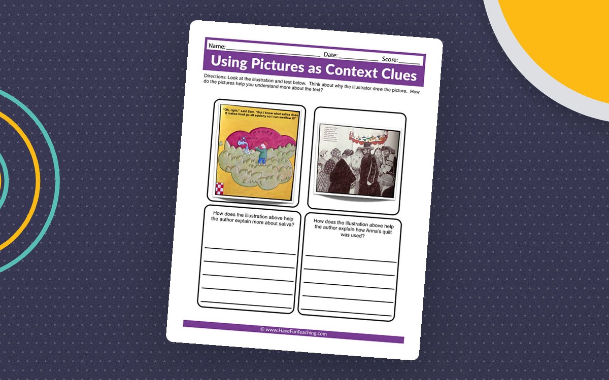 Using Pictures as Context Clues worksheet with a short illustrated passage and boxes asking how pictures support meaning.