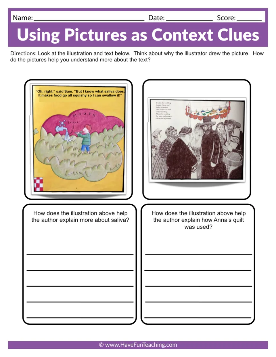 Picture context clues: students study two book illustrations and explain how each helps show saliva and Anna's quilt use