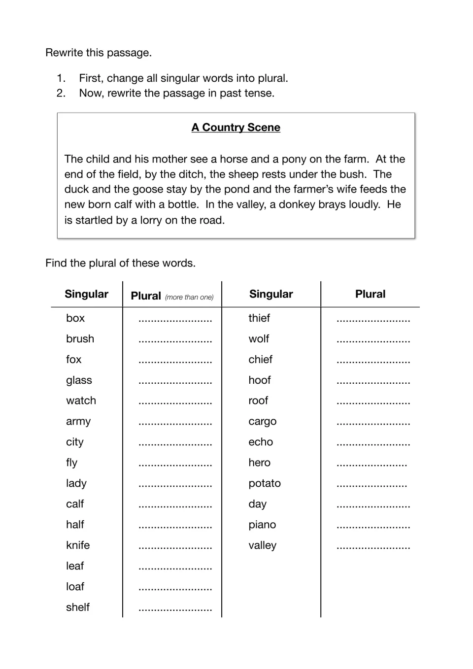 A Country Scene: students rewrite a farm passage in plural, then past tense, and write plurals of 27 nouns like wolf