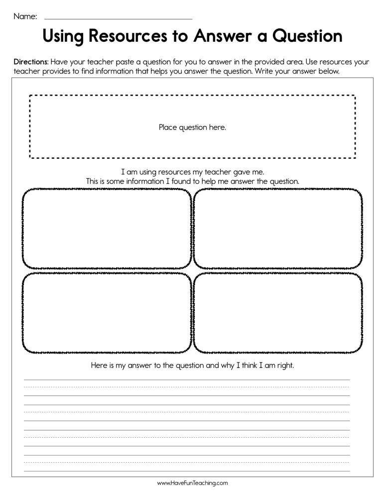 Using Resources to Answer a Question Worksheet by Teach Simple