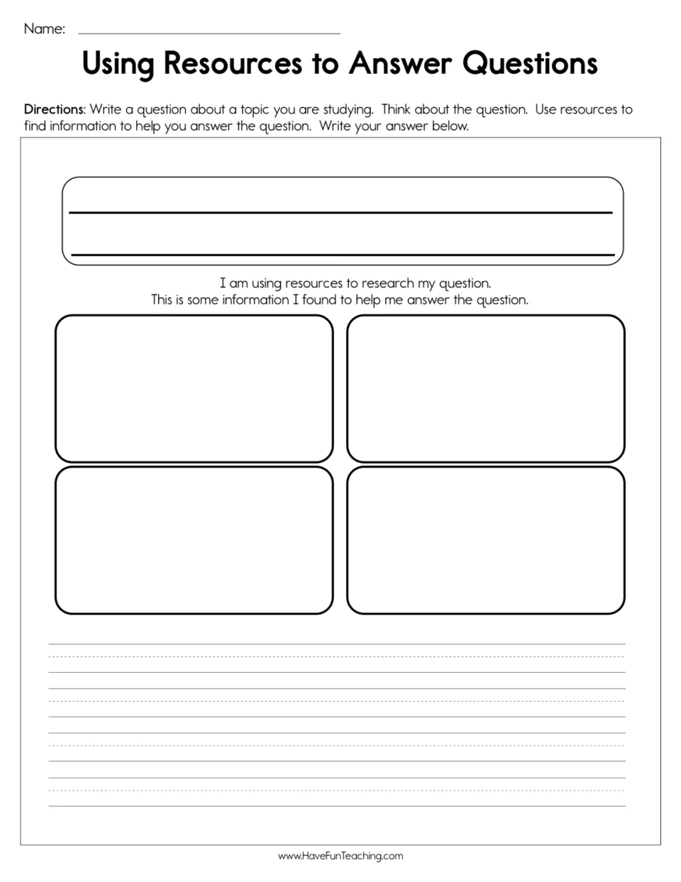 Research worksheet: write a question, find information using resources, and use it to write an answer.