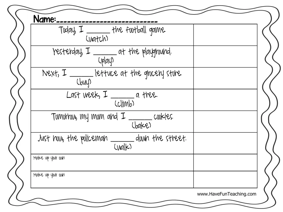 Verb tense fill-in: students write watch, play, buy, climb, bake, walk in the tense the clue word signals, then make up two