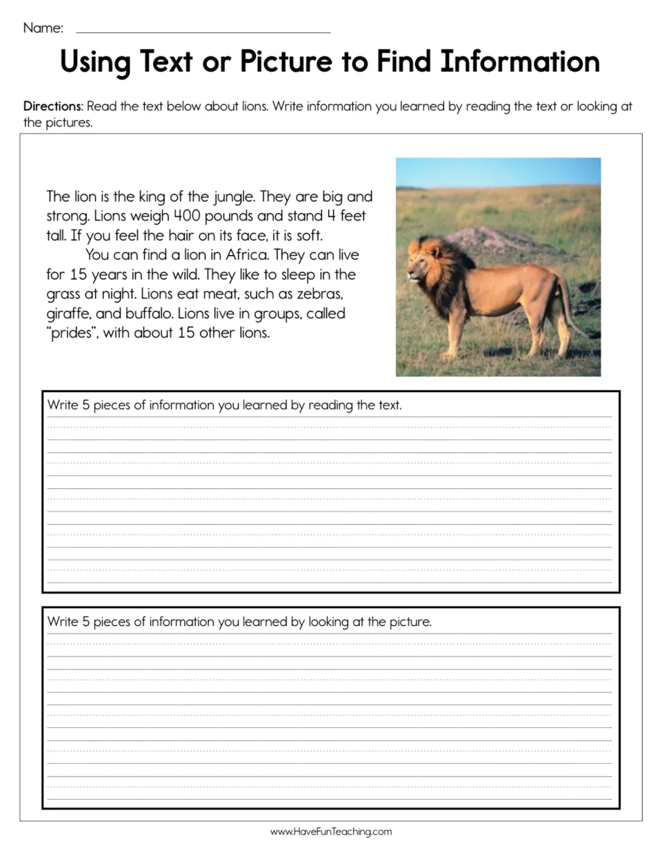 Reading worksheet: lion passage and photo, with prompts to write five facts from the text and five from the photo.