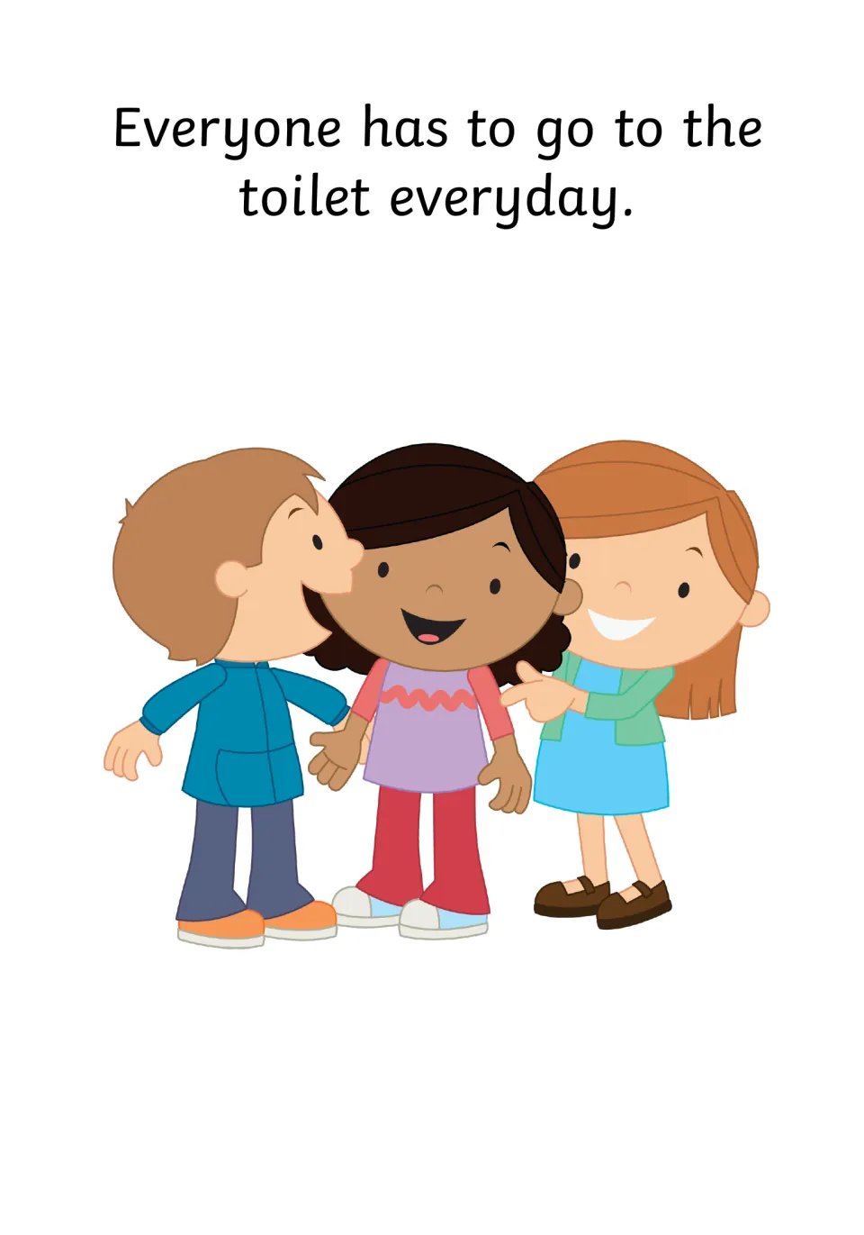 Social story opener: text says everyone has to go to the toilet every day, shown with three smiling children together