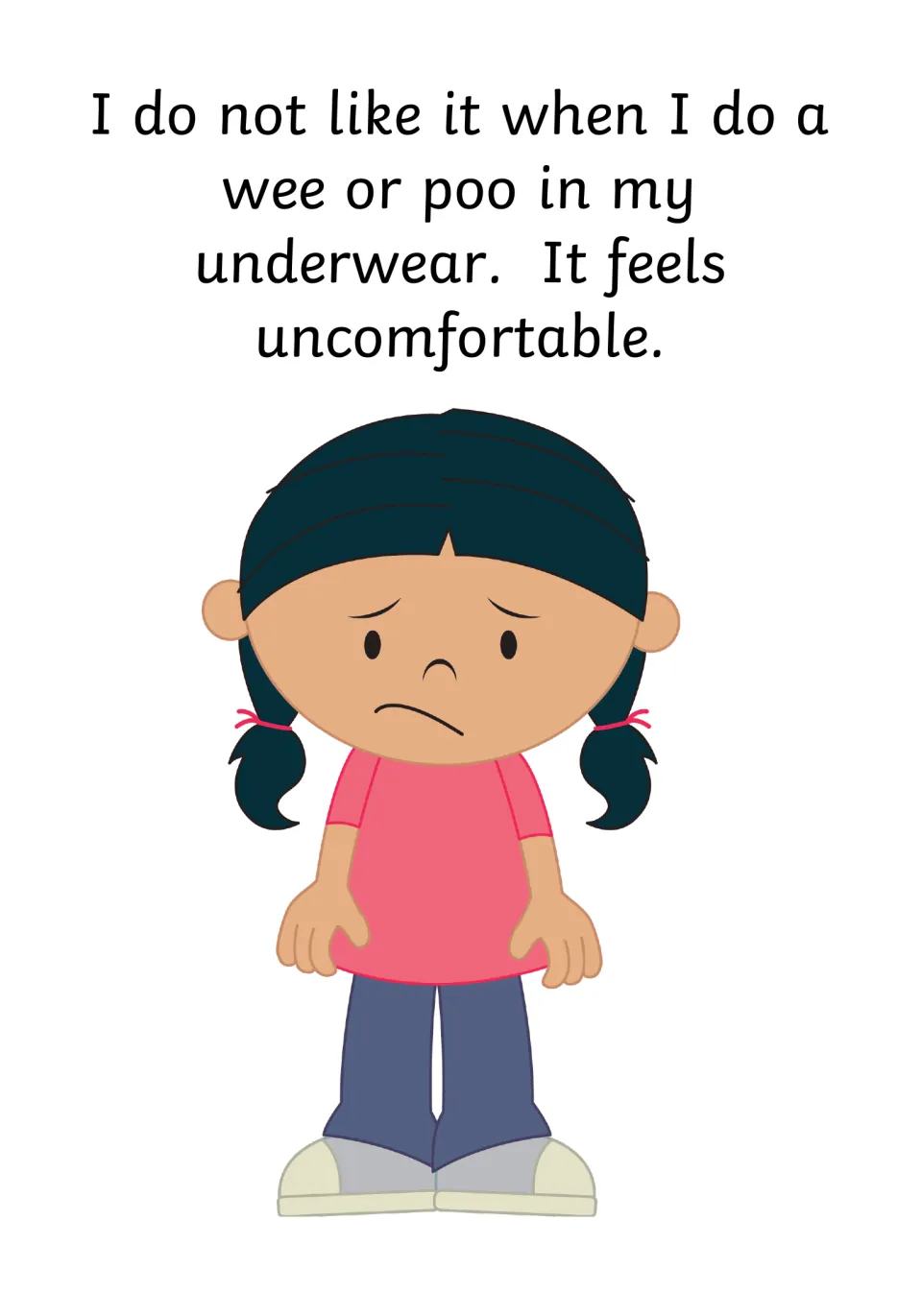 Naming feelings about accidents: a sad girl with the text that a wee or poo in underwear feels uncomfortable