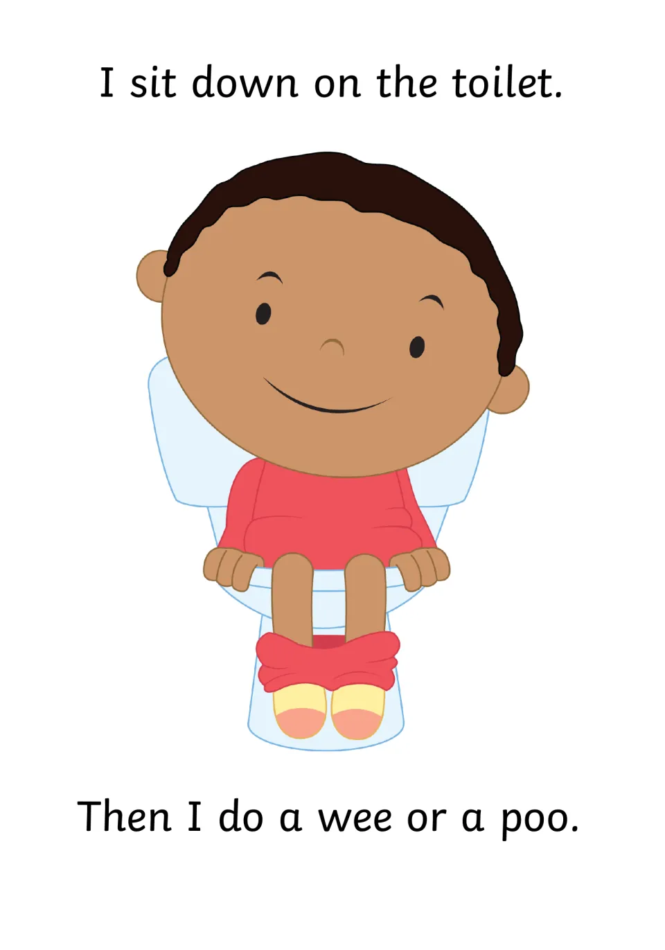 Toileting steps: a boy sits on the toilet with pants around his ankles; text says then I do a wee or a poo