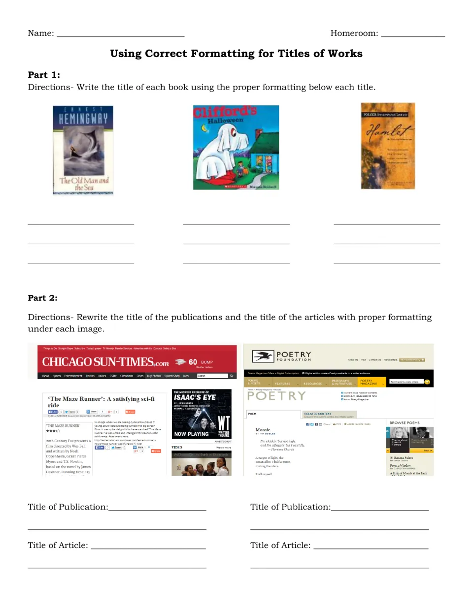Formatting titles of works: students rewrite three book titles, then publication and article titles from two web pages