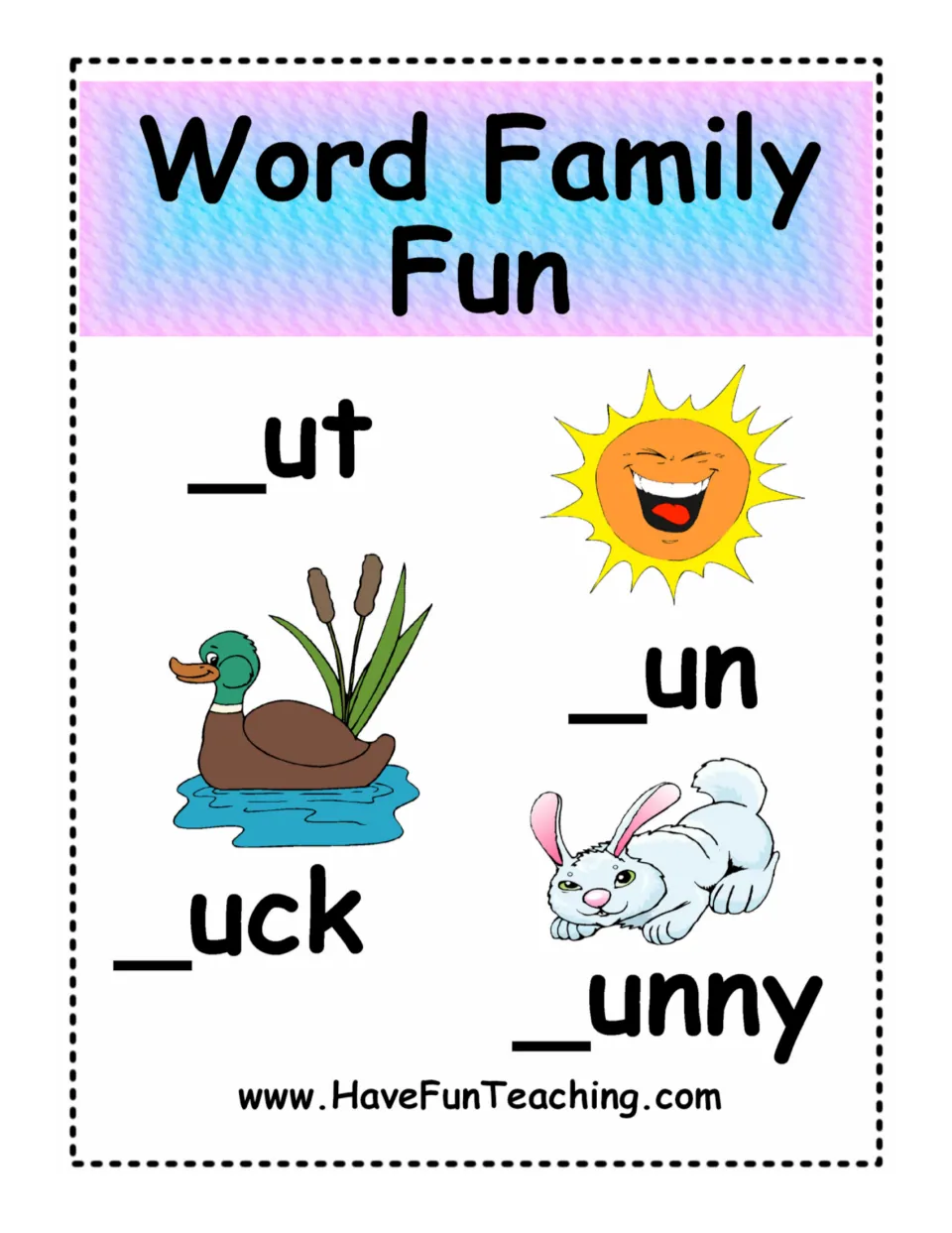 Word Family Fun cover showing the _ut, _un, _uck and _unny endings beside a laughing sun, a duck and a bunny