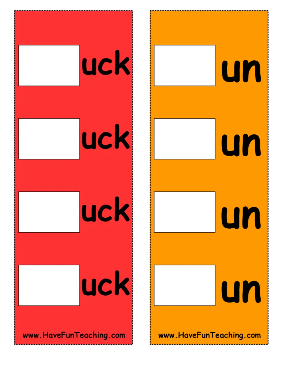 Word-building strips for -uck and -un: students place a letter card in each blank to make words such as duck and sun