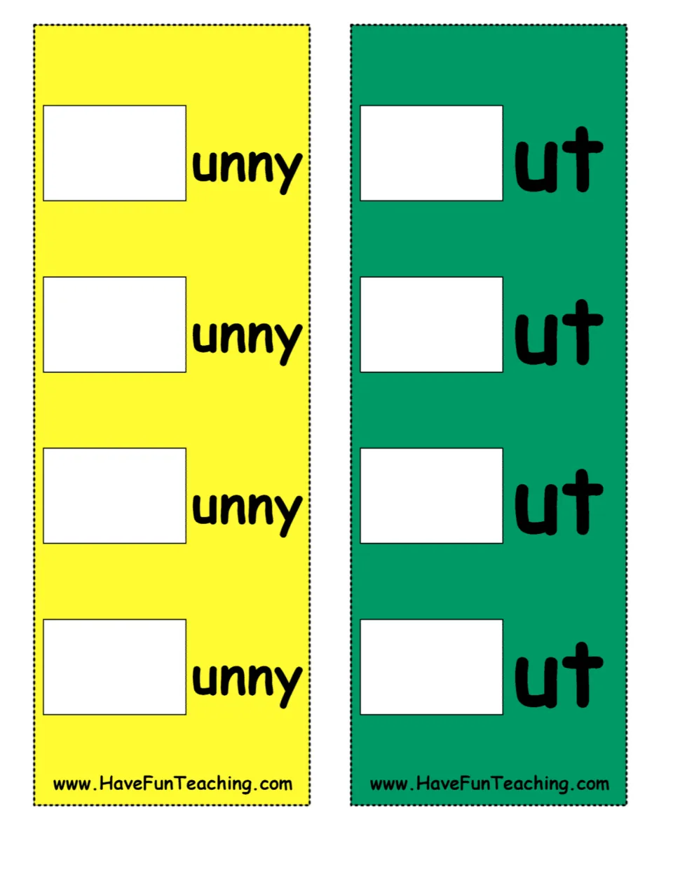 Word-building strips for -unny and -ut: students add a beginning letter card to each blank to build words like bunny