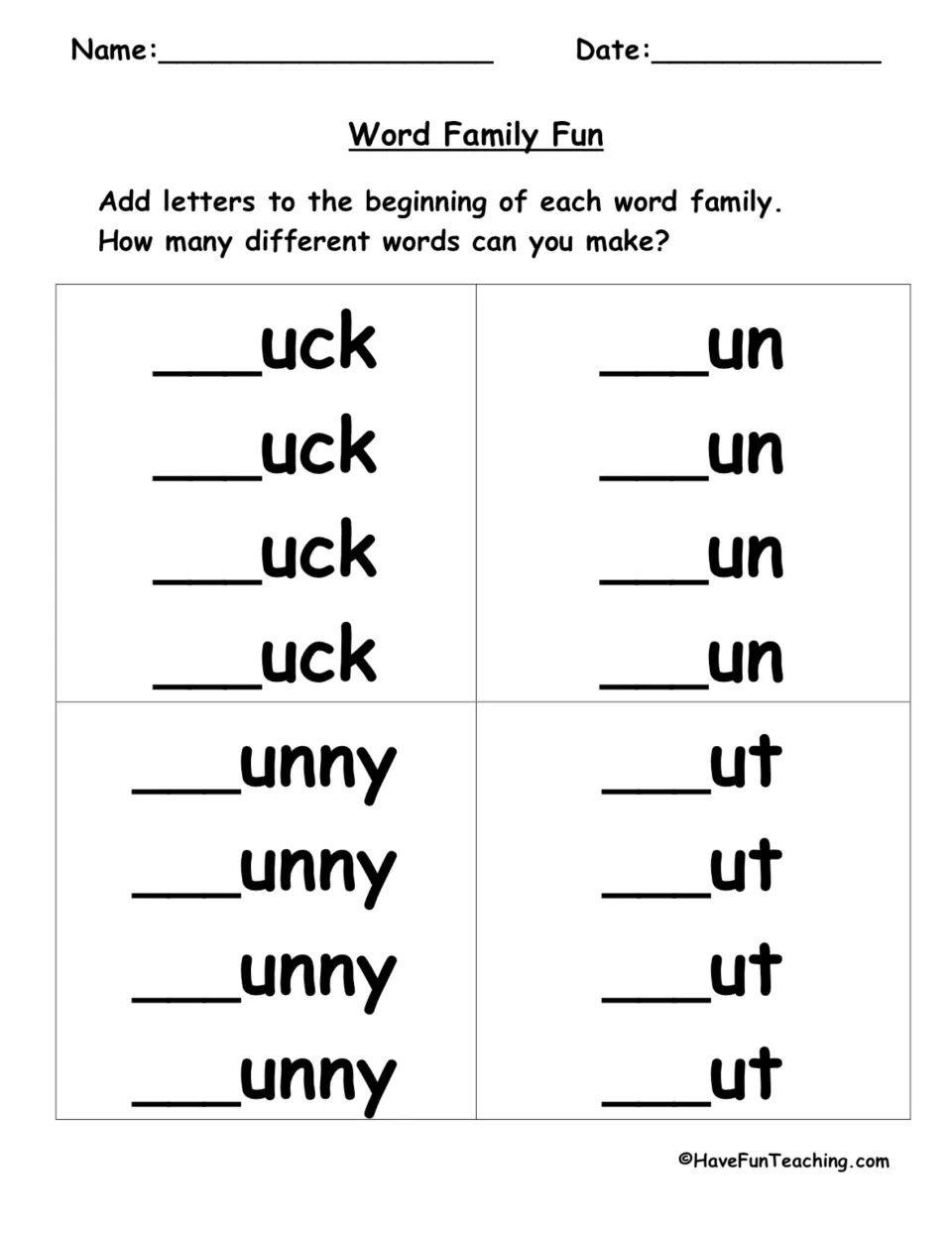 Word family writing task: students add letters before -uck, -un, -unny and -ut, writing as many different words as they can