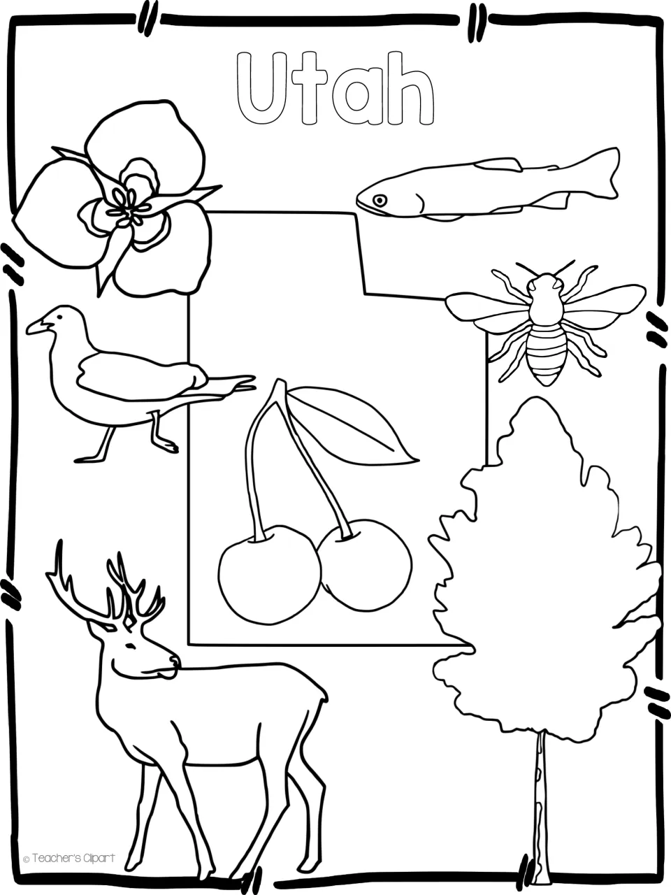 Utah state symbols coloring page: outline art of a flower, fish, bee, gull, cherries, elk and tree around the state map
