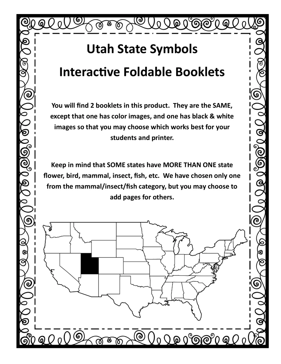 Booklet overview explains the matching color and black-and-white versions and shows Utah on a U.S. map