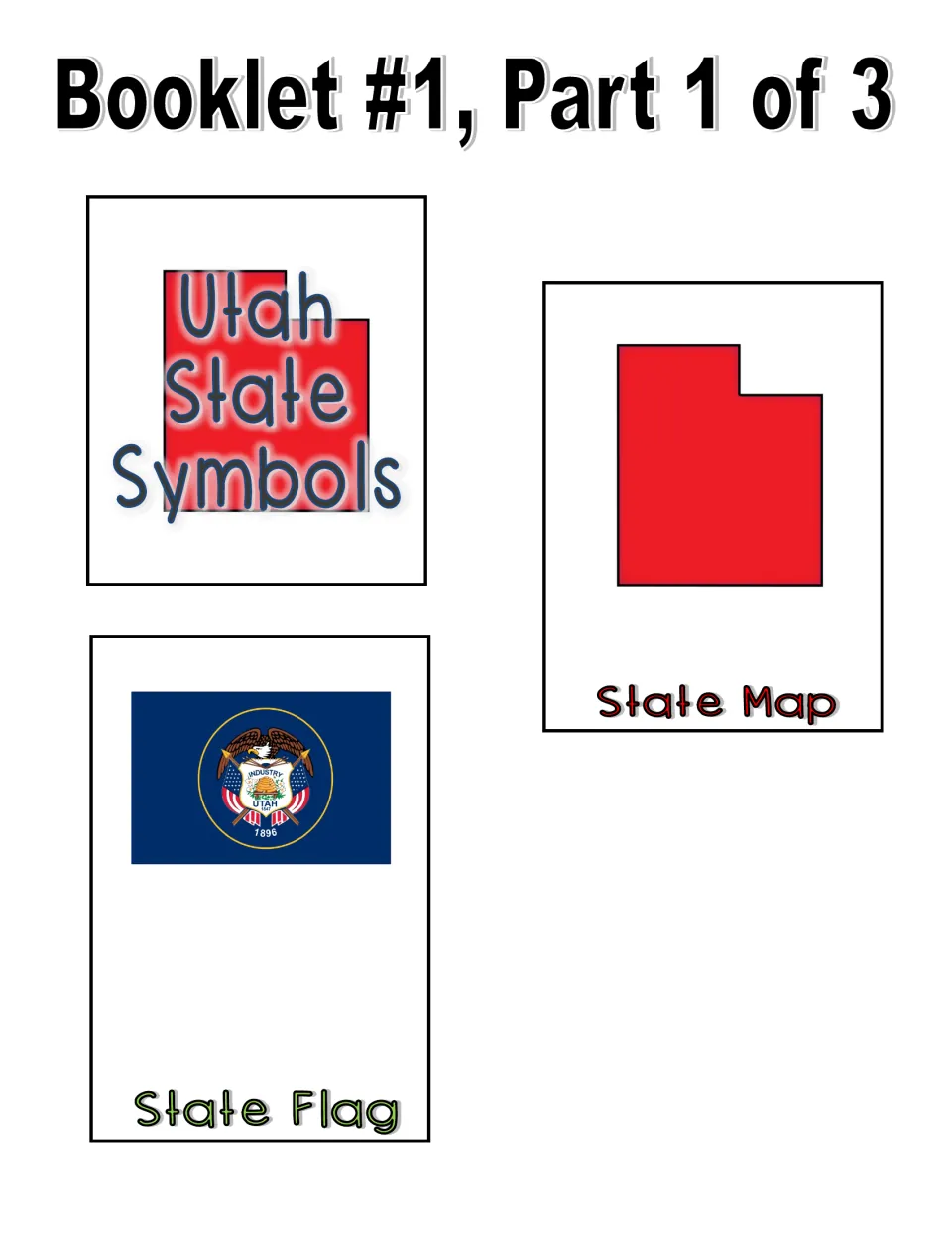 Color booklet, part 1 of 3: title piece, Utah map, and state flag piece showing a seal on a blue field