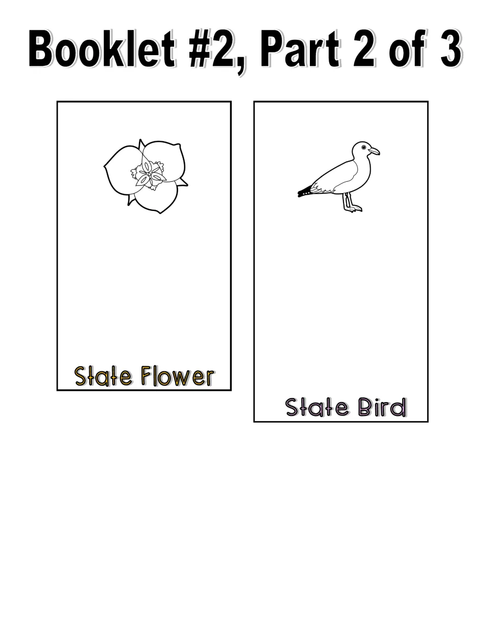 Black-and-white booklet, part 2 of 3: State Flower and State Bird pieces with flower and gull outlines