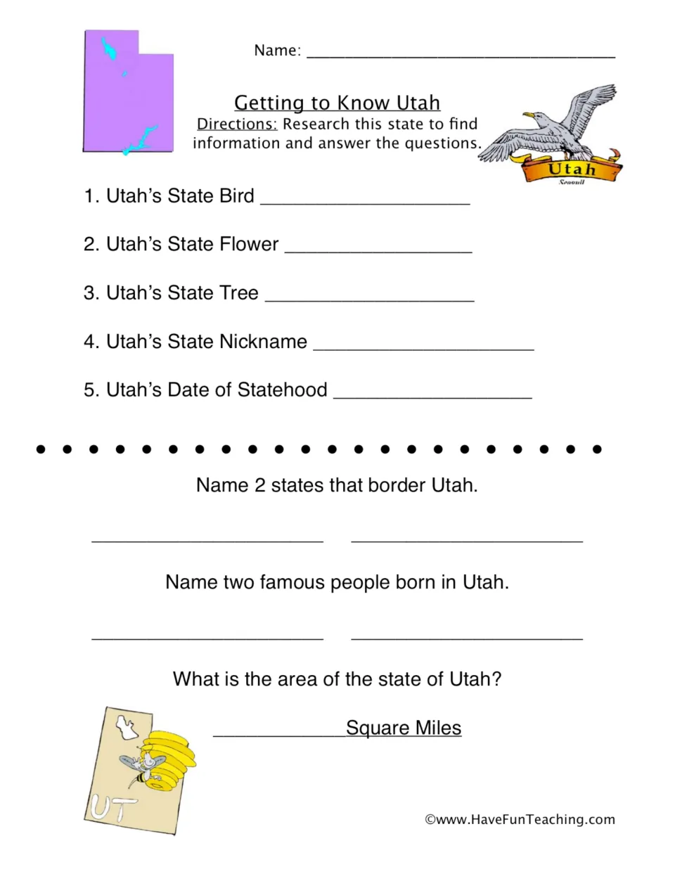 Utah research worksheet asking for state symbols, nickname, statehood, neighbors, famous people, and area.