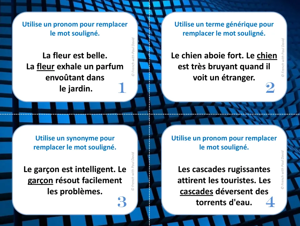 French vocabulary task cards 1–4: replace words about a flower, dog, boy, and waterfalls to avoid repetition