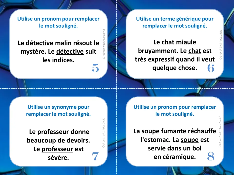French vocabulary task cards 5–8: replace repeated words for a detective, cat, teacher, and soup