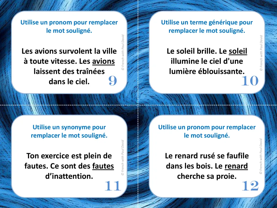 French vocabulary task cards 9–12: replace repeated words for airplanes, the sun, mistakes, and a fox