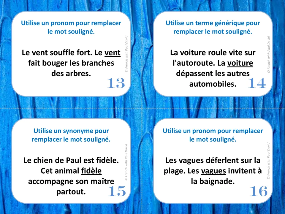 French vocabulary task cards 13–16: replace vent (wind), voiture (car), fidèle (faithful), and vagues (waves)