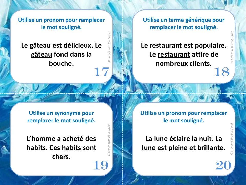 French vocabulary task cards 17–20: replace repeated words for a cake, restaurant, clothes, and the moon