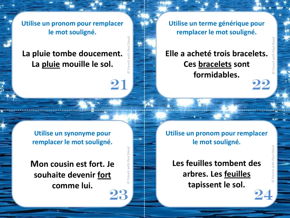 French vocabulary task cards 21–24: replace pluie (rain), bracelets, fort (strong), and feuilles (leaves)