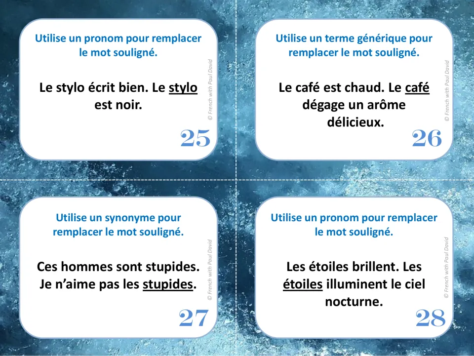 French vocabulary task cards 25–28: replace stylo (pen), café (coffee), stupides (fools), and étoiles (stars)