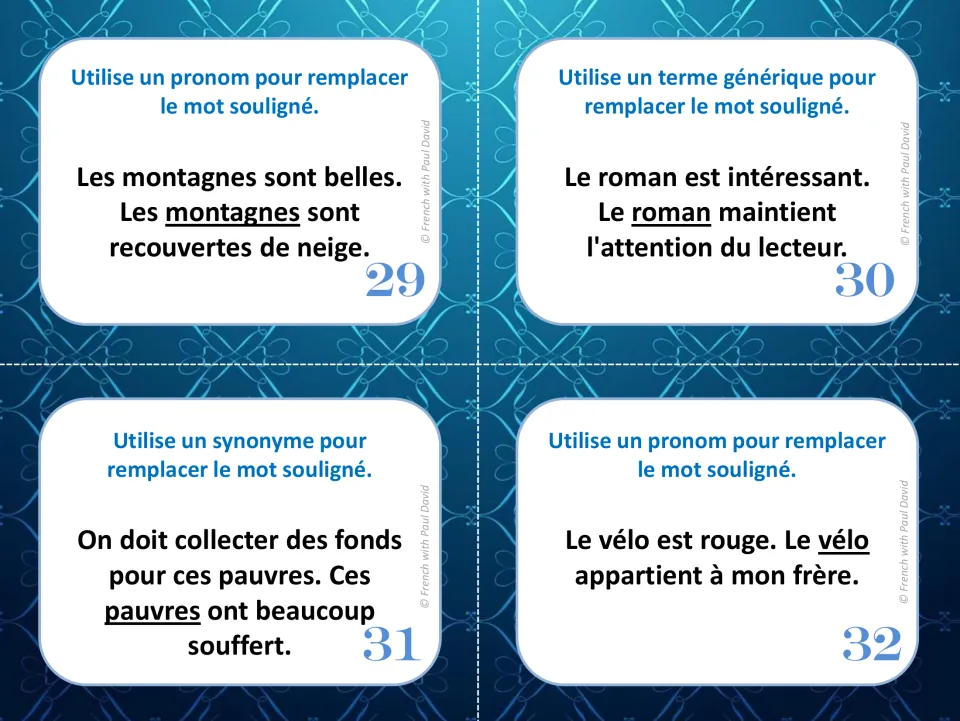 French vocabulary task cards 29–32: replace repeated words for mountains, a novel, poor people, and a bike