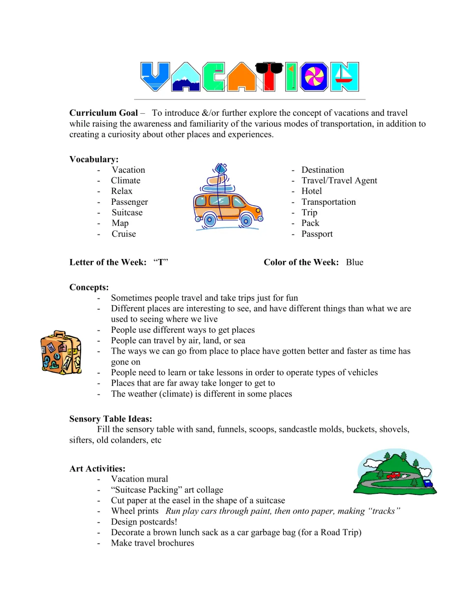 Curriculum overview introduces travel vocabulary, letter T, color blue, sensory table ideas and art activities