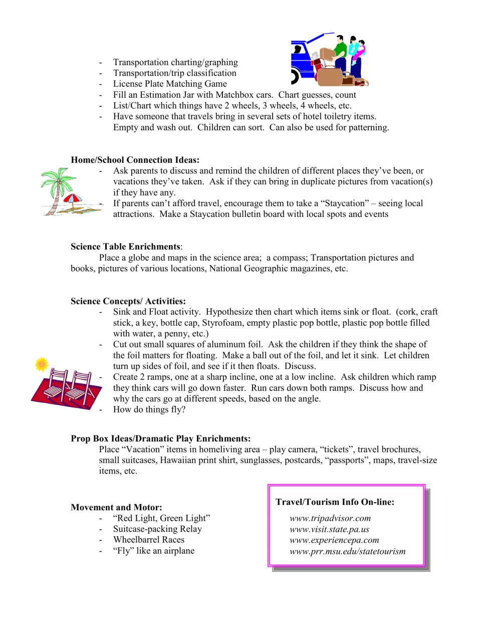 Activity guide covers transportation math, family connections, sink and float, dramatic play and movement