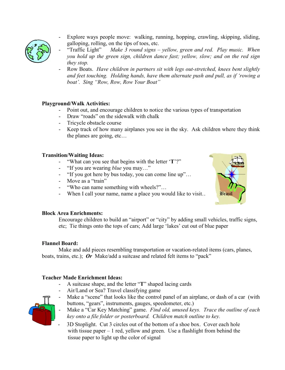 Teaching ideas include traffic light movement, playground roads, transitions, block play and key matching