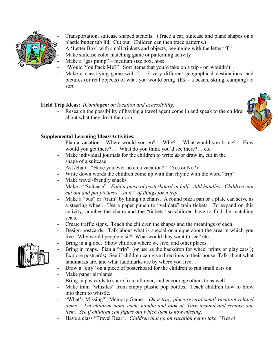 Activity suggestions include packing sorts, a travel agent visit, vacation planning and suitcase journals
